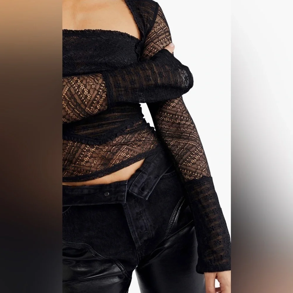 Free People Black Lace Detail Fitted Blouse